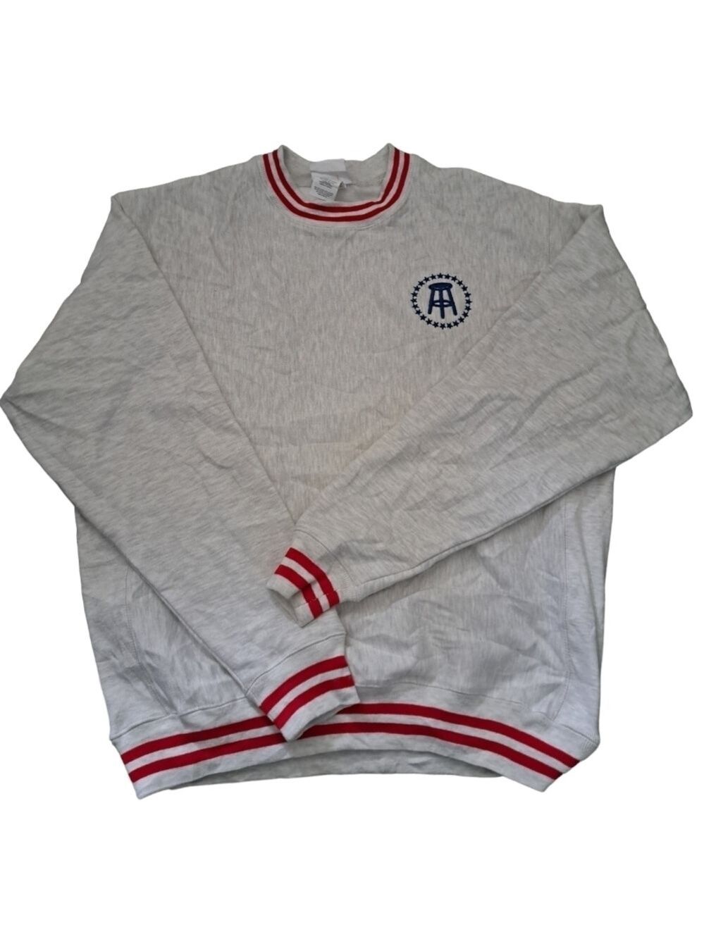 VTG CHAMPION REVERSEWEAVE BARSTOOL sweatshirt light grey stripe trim sweater LG